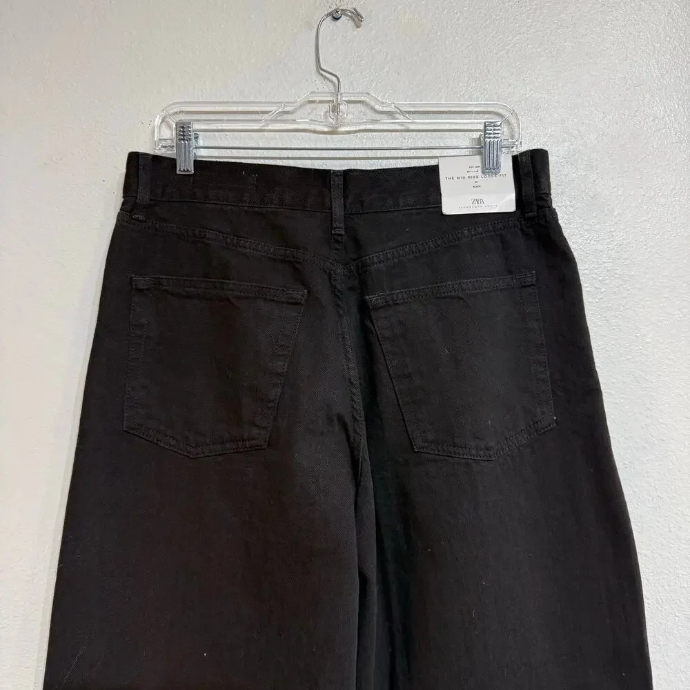 Zara Black Mid Rise Loose Fit Wide Leg Jeans Sz 8 NWT